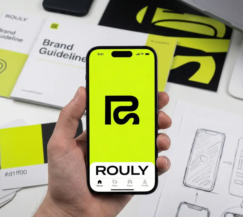 A hand holding a phone showing the ROULY app icon in lime, over brand sketches