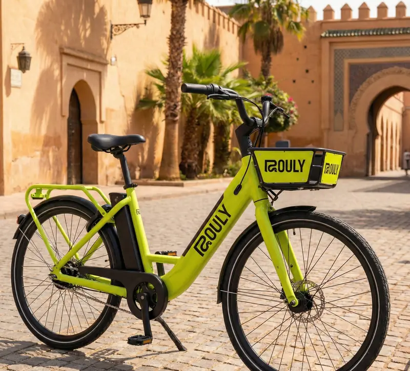 A ROULY e-bike with a front basket parked on cobblestones in front of an ornate Marrakech gate