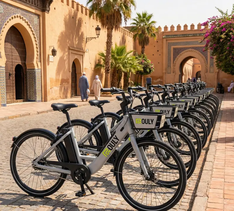 A row of ROULY e-bikes lined up on a cobbled square in the Medina