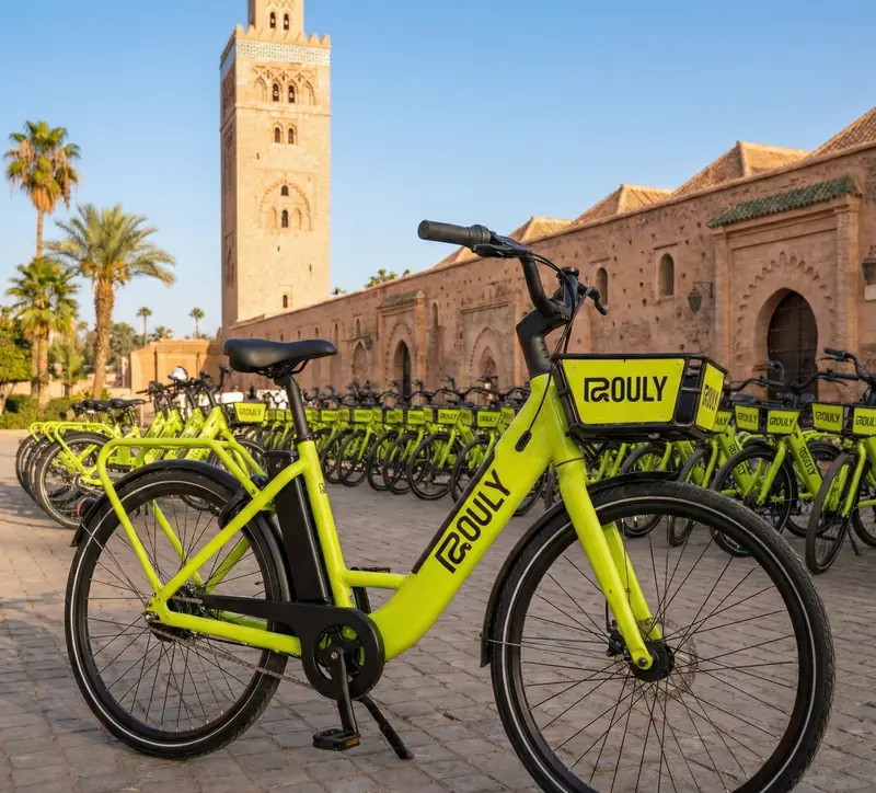 A lime-green ROULY e-bike parked in front of the Koutoubia mosque, with a row of ROULY bikes behind it