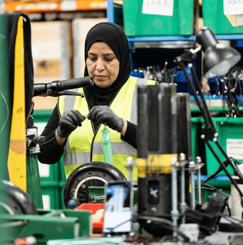 A woman in a hijab and safety vest repairing a bike in the ROULY workshop