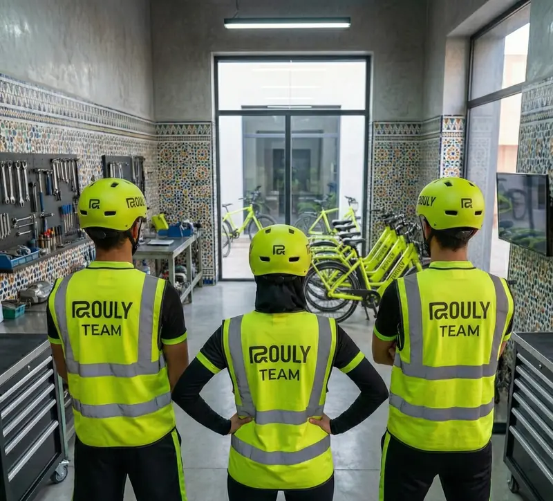 Three ROULY team members in lime helmets and vests standing in the bike workshop